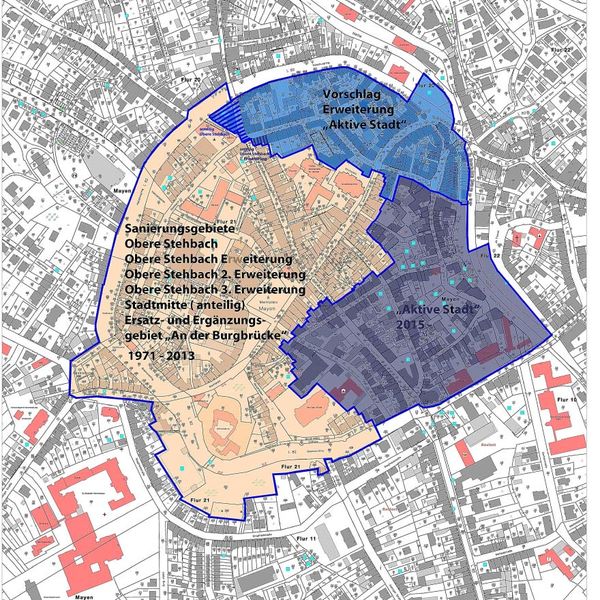 Die Karte zeigt die Sanierungsgebiete/Untersuchungsgebiete der Innenstadt von Mayen